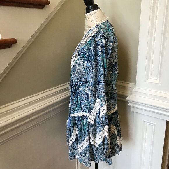 Miss June Kiara Mini Dress Womens Small Medium Blue White Paisley V-Neck Tassels - Picture 8 of 11